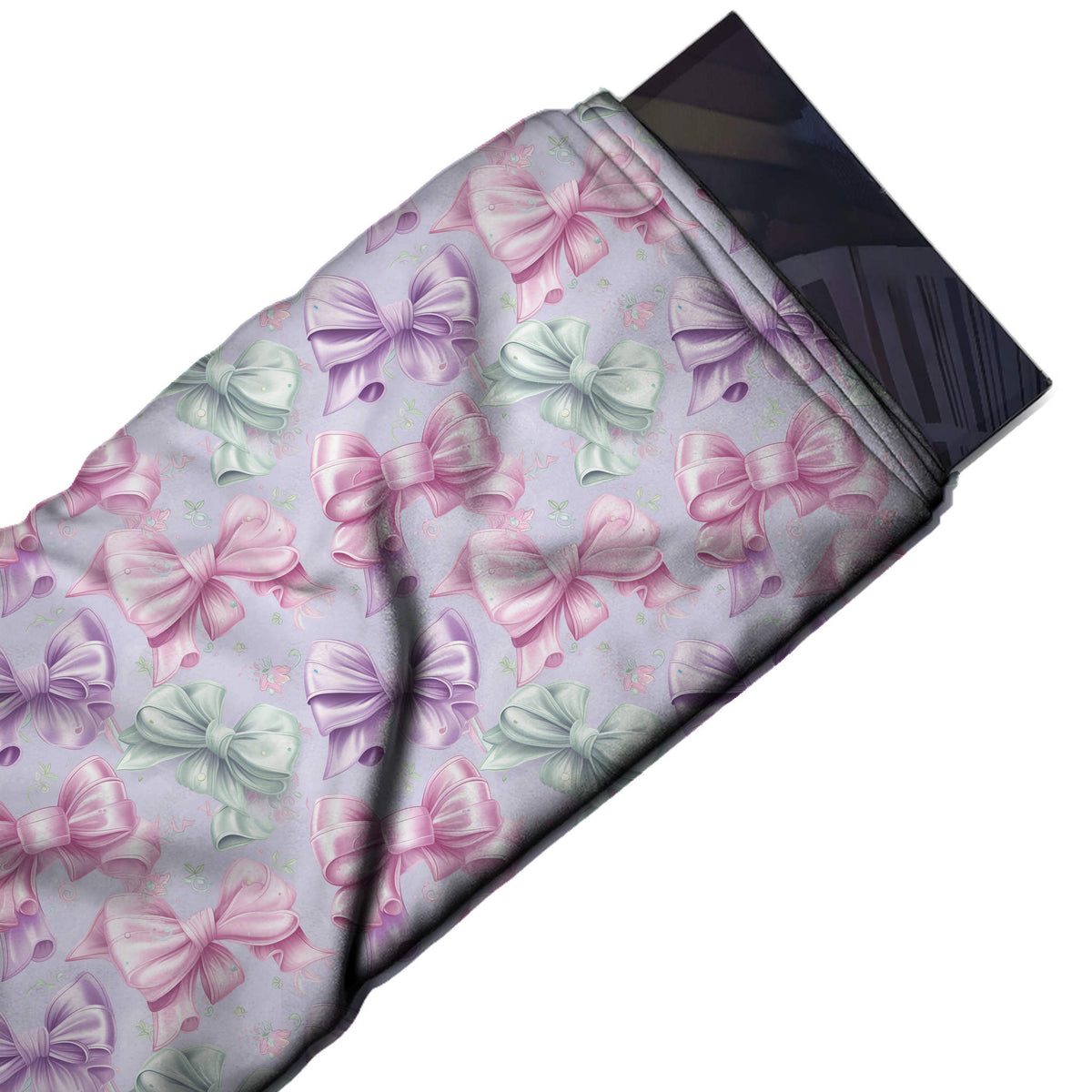 Flat fabric swatch: close-set all-over print of medium to large high-gloss satin-look bows, design Design No_4419, Clothwala