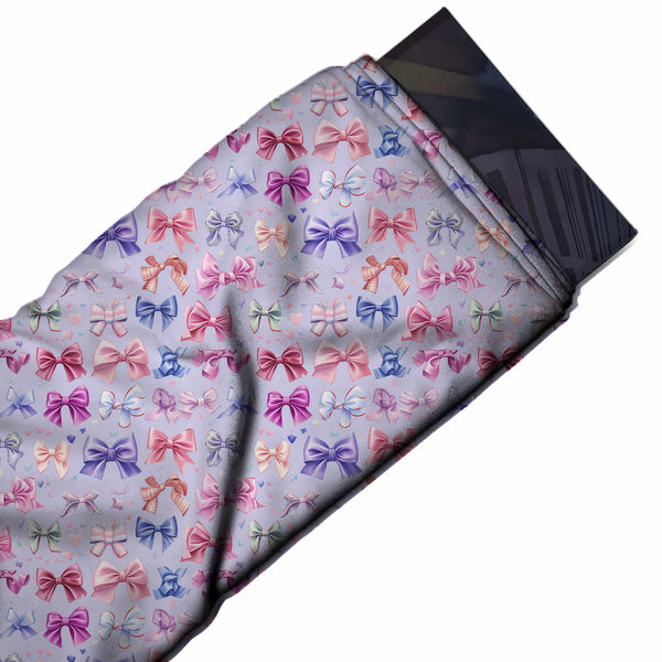 Lavender & Pink Multicolour Mini Bows Printed Pure Natural Crepe Fabric