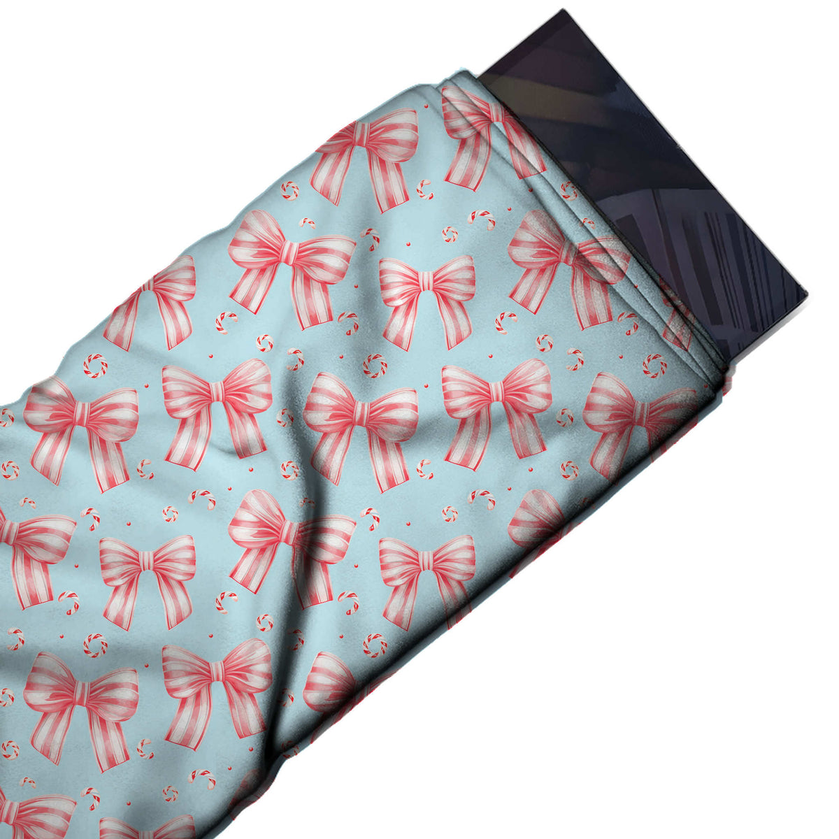 Flat fabric swatch: regular spaced layout of coral pink and white candy-striped bows in, design Design No_4871, Clothwala