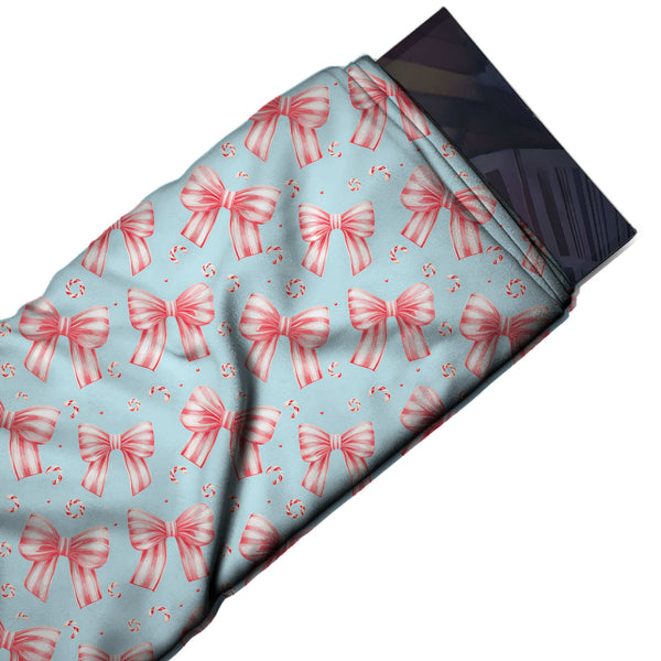 Light Aqua Blue & Coral Pink Peppermint Stripe Bows Printed Printed American Crepe Fabric Fabric