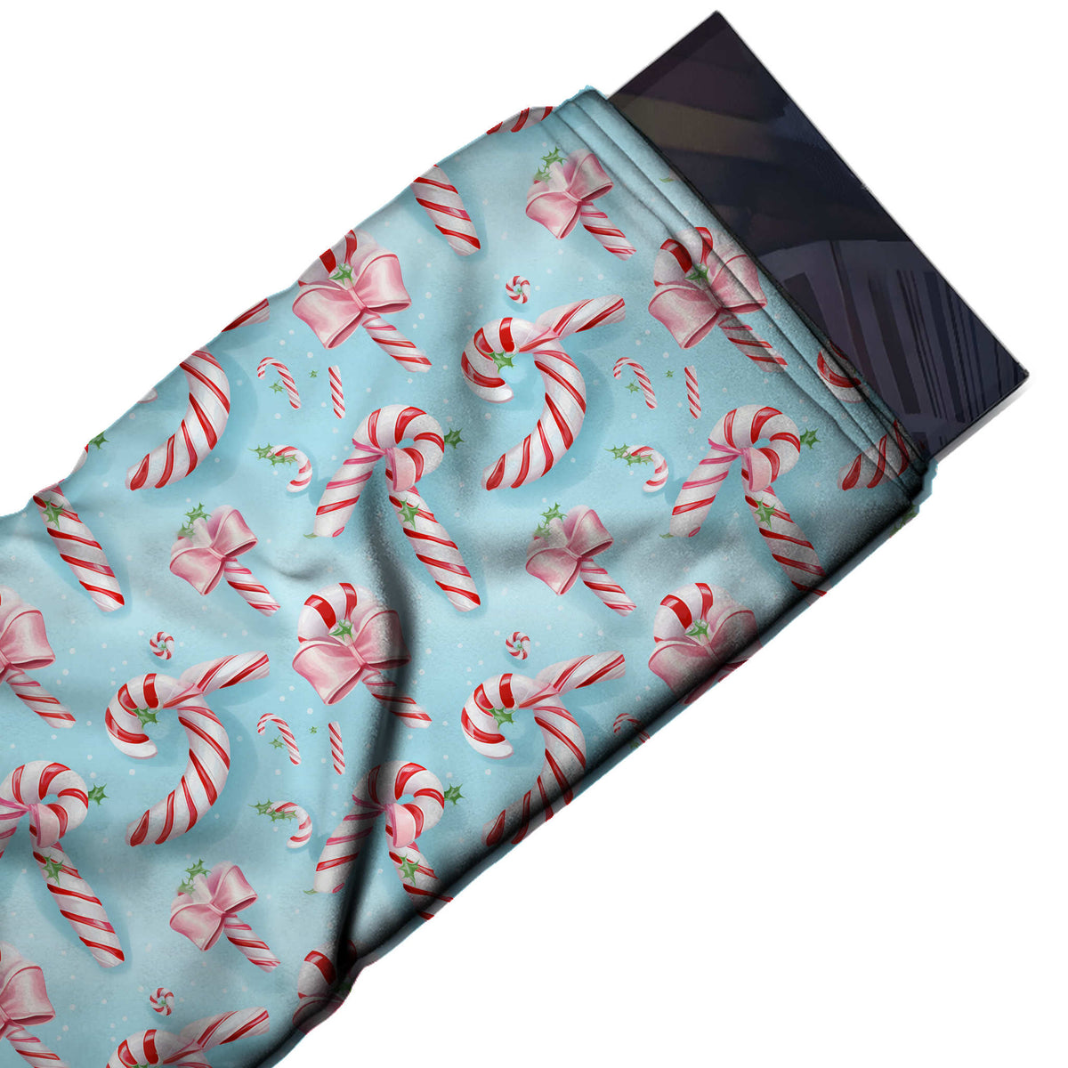 Flat fabric swatch: tossed all-over layout of shaded red and white striped candy canes, design Design No_4865, Clothwala