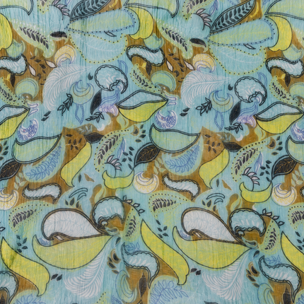 Light Aqua & Lime Yellow Abstract Paisley Leaves Print Fabric — design 361AJ-S/DS-517, Clothwala
