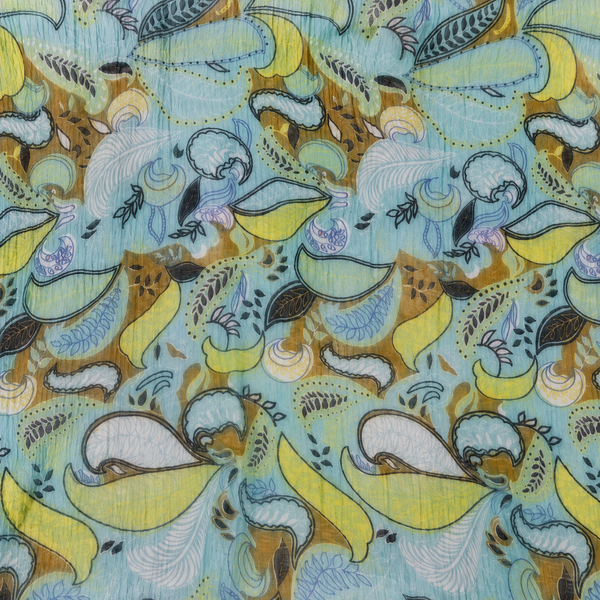 Light Aqua & Lime Yellow Abstract Paisley Leaves Print Fabric