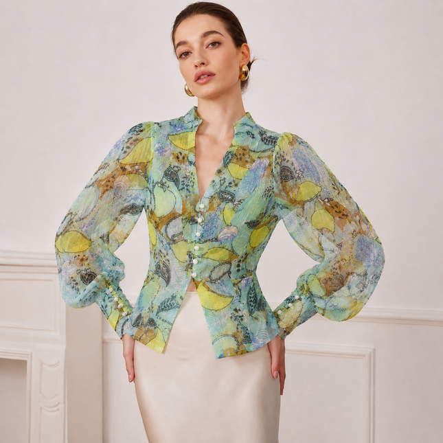Light Aqua & Lime Yellow Abstract Paisley Leaves Print Fabric — design 361AJ-S/DS-517, Clothwala
