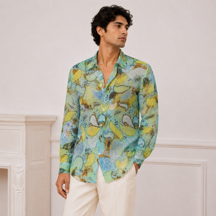 Light Aqua & Lime Yellow Abstract Paisley Leaves Print Fabric — design 361AJ-S/DS-517, Clothwala