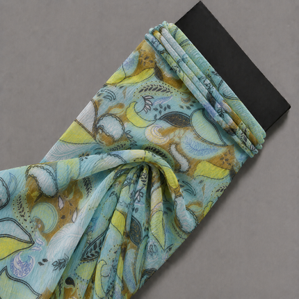 Light Aqua & Lime Yellow Abstract Paisley Leaves Print Fabric — design 361AJ-S/DS-517, Clothwala