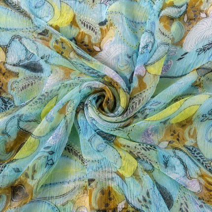 Light Aqua & Lime Yellow Abstract Paisley Leaves Print Fabric — design 361AJ-S/DS-517, Clothwala