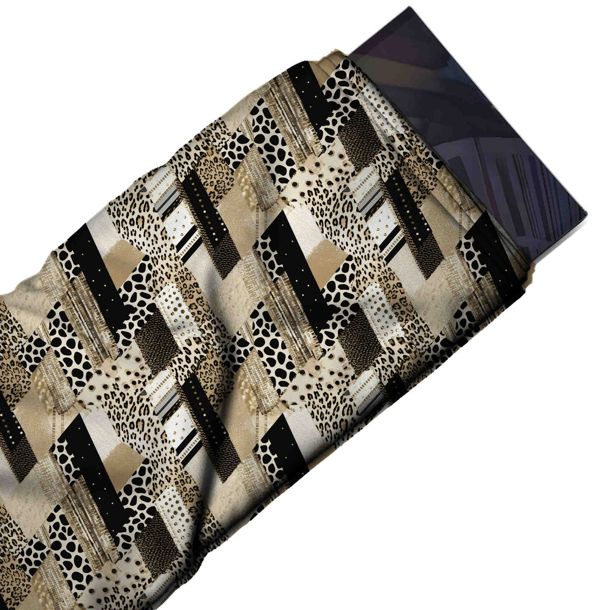 Light Beige & Black Leopard Chevron Patchwork Printed Moss Crepe Fabric - flat fabric swatch, design Design No_3747, Clothwala