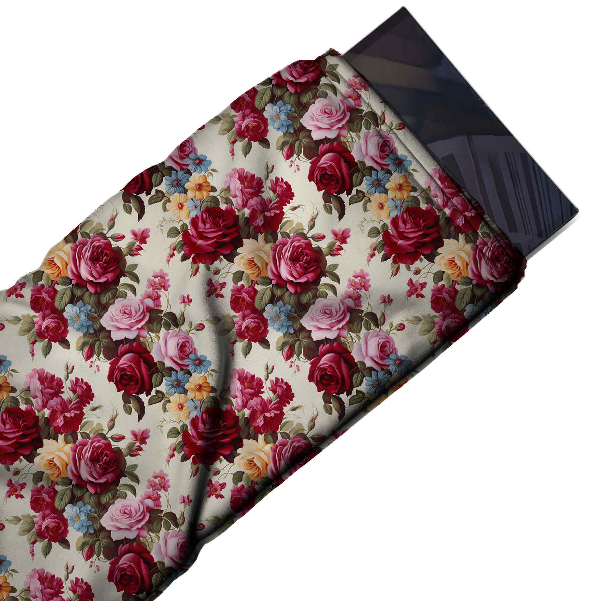 Flat fabric swatch: all-over layout of bouquets with burgundy and magenta roses, design 3632, Clothwala