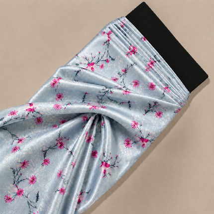 Light Blue & Fuchsia Pink Ditsy Floral Sprigs Print Fabric — design 385US-VBCT/DS-97, Clothwala