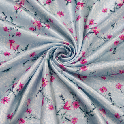 Light Blue & Fuchsia Pink Ditsy Floral Sprigs Print Fabric — design 385US-VBCT/DS-97, Clothwala