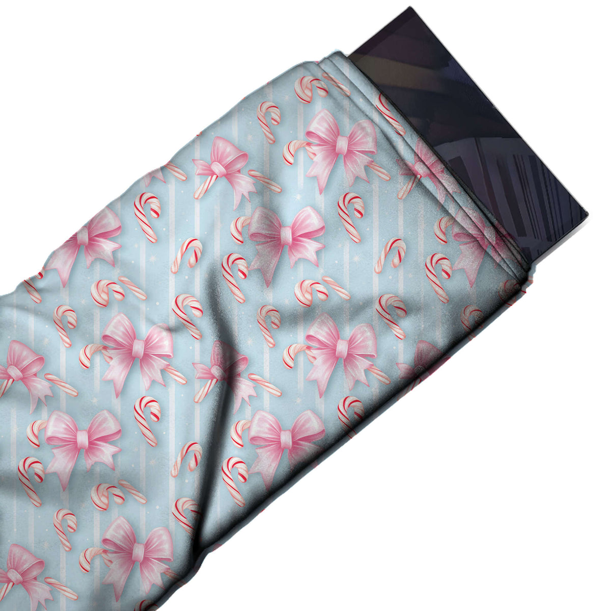 Flat fabric swatch: all-over layout of shaded pink ribbon bows with notched tails and, design Design No_4879, Clothwala