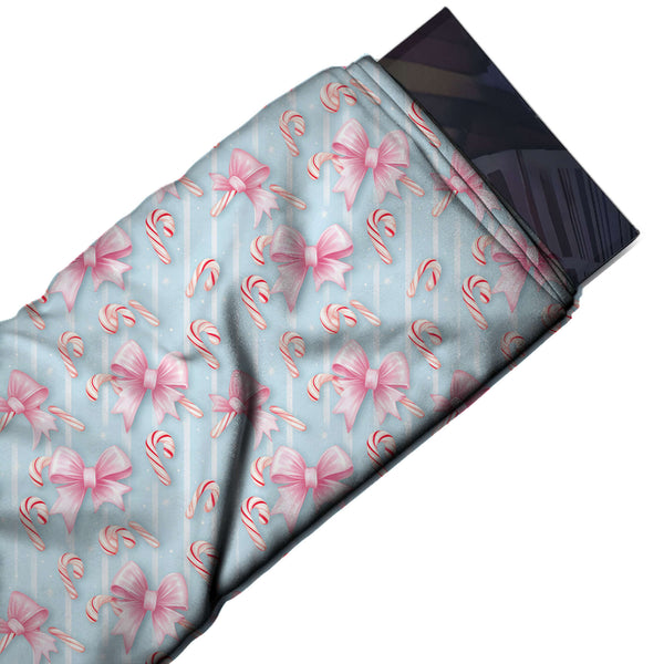 Light Blue & Pink Bows & Candy Canes Printed Printed American Crepe Fabric Fabric