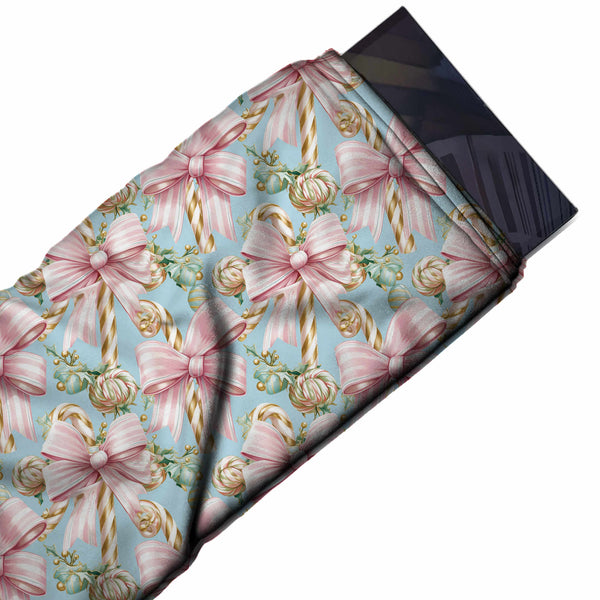 Light Blue & Pink Bows & Gold Canes Printed Printed American Crepe Fabric Fabric