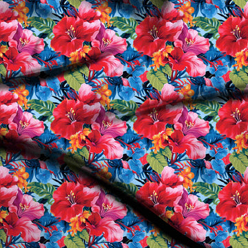 Light Blue & Red Hibiscus & Monstera Printed Pure Natural Crepe Fabric