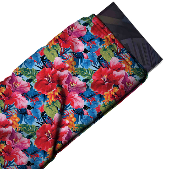 Flat fabric swatch: dense all-over tropical print of medium to large red and pink hibiscus, design Design No_4486, Clothwala