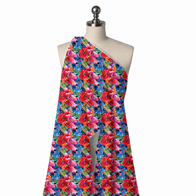 Draped on a mannequin: dense all-over tropical print of medium to large red and pink, design Design No_4486, Clothwala