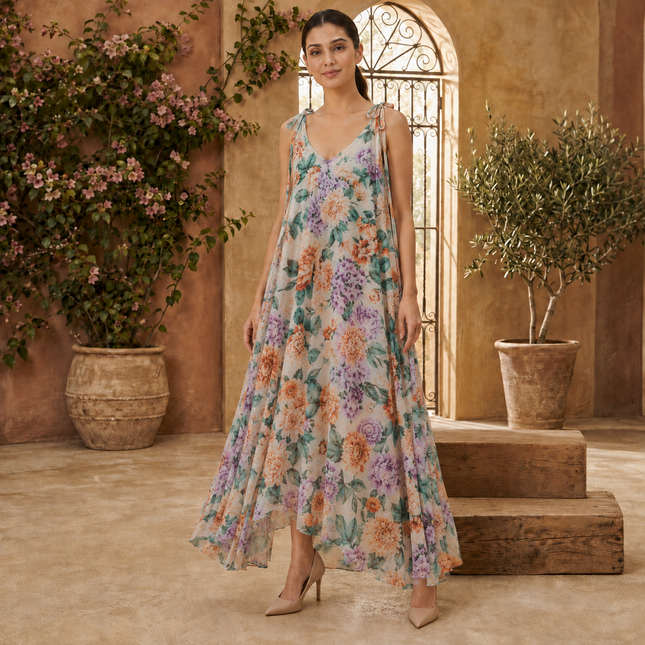 Light Cream & Peach Dense Garden Floral Print Fabric — design DS-11, Clothwala
