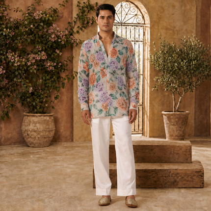 Light Cream & Peach Dense Garden Floral Print Fabric — design DS-11, Clothwala