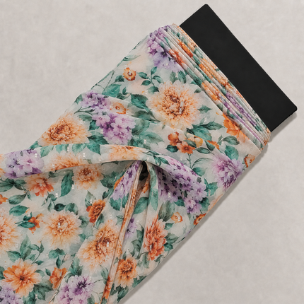 Light Cream & Peach Dense Garden Floral Print Fabric — design DS-11, Clothwala