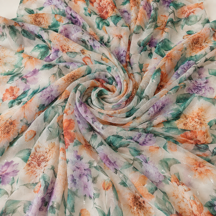Light Cream & Peach Dense Garden Floral Print Fabric — design DS-11, Clothwala