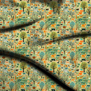 Light Green & Orange Crowded Forest Animals Printed Moss Crepe Fabric
