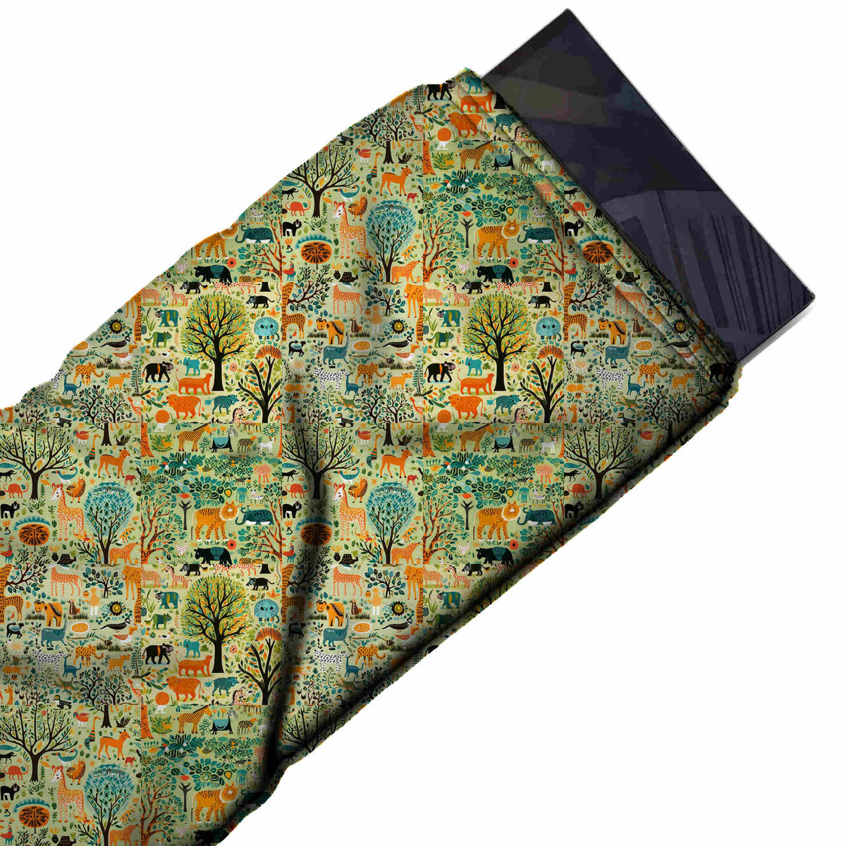 Light Green & Orange Crowded Forest Animals Printed Moss Crepe Fabric - flat fabric swatch, design Design No_3888, Clothwala