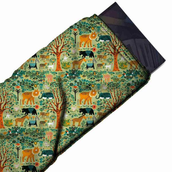 Light Green & Orange Folk Tiger & Elephant Printed Spandex Fabric