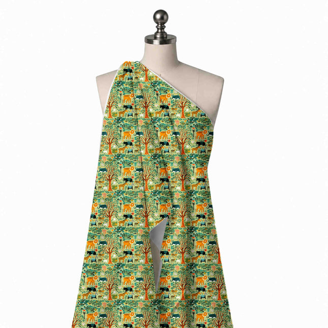 Draped on a mannequin: dense one-way folk-art print of orange striped tigers and lions, design Design No_3908, Clothwala