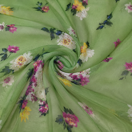 Light Green & Pink Scattered Garden Floral Print Fabric — design 851CD-SBGP/DS-550, Clothwala
