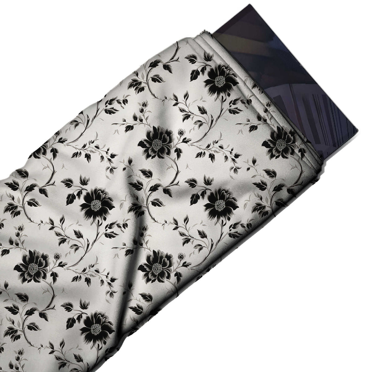 Flat fabric swatch: all-over print of black layered-petal dahlia-style flowers with white, design Design No_4152, Clothwala
