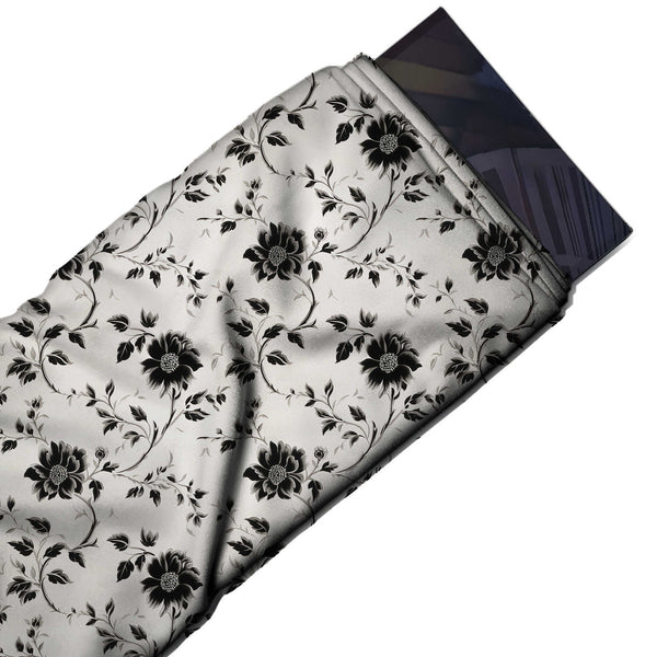 Light Grey & Black Dahlia Scroll Vine Printed French Crepe Fabric