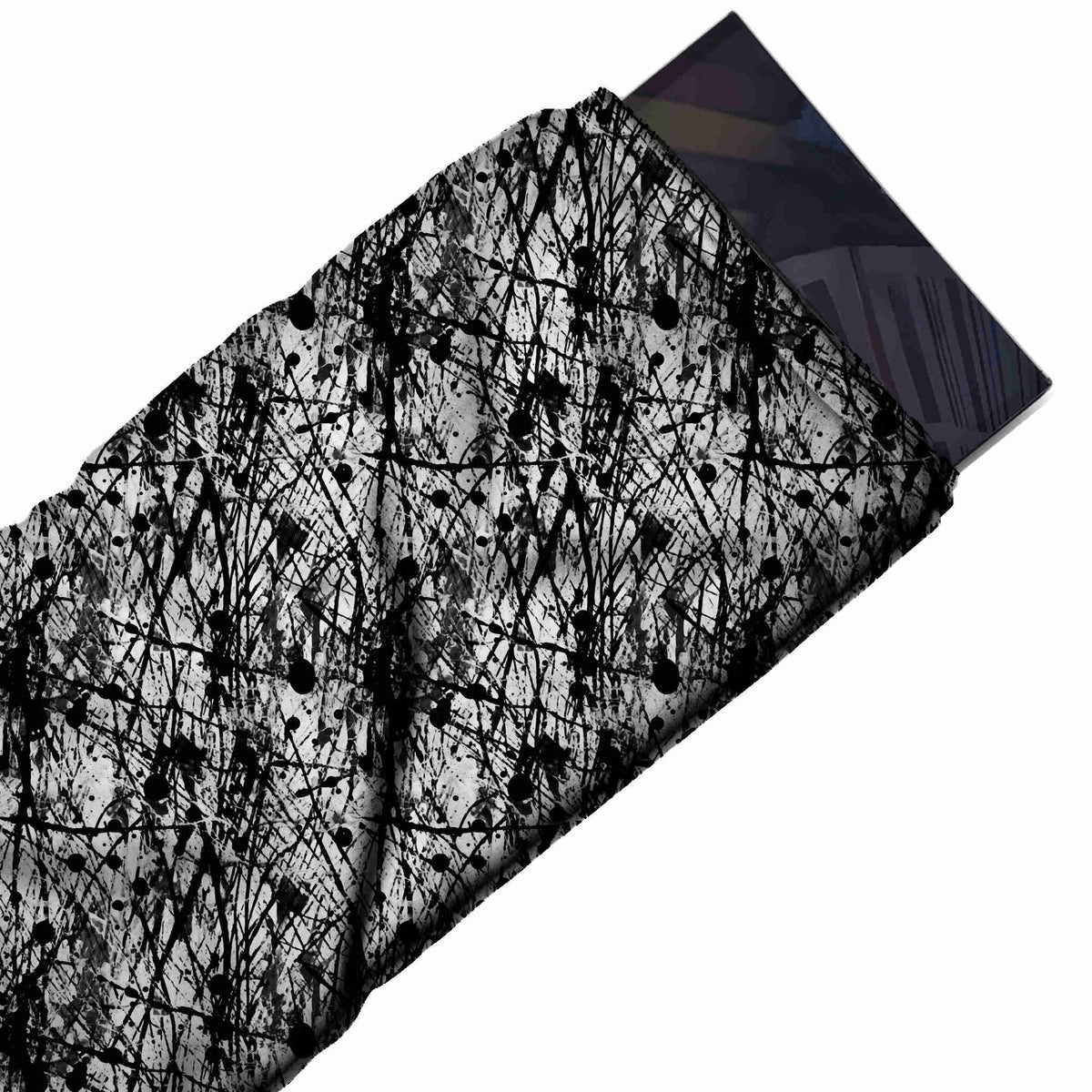 Flat fabric swatch: dense all-over network of thin black drip lines crossing in many, design Design No_4003, Clothwala