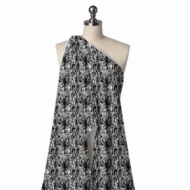Draped on a mannequin: dense all-over network of thin black drip lines crossing in many, design Design No_4003, Clothwala
