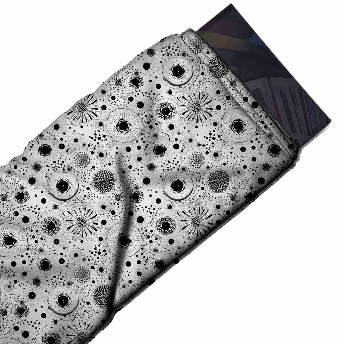 Flat fabric swatch: dense all-over monochrome layout of line-drawn ringed circles, design Design No_4367, Clothwala
