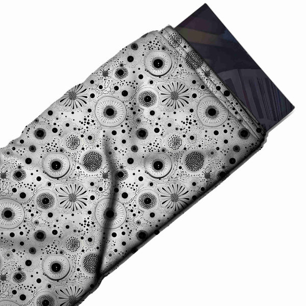 Light Grey & Black Ringed Circles & Dotted Discs Printed Pure Natural Crepe Fabric