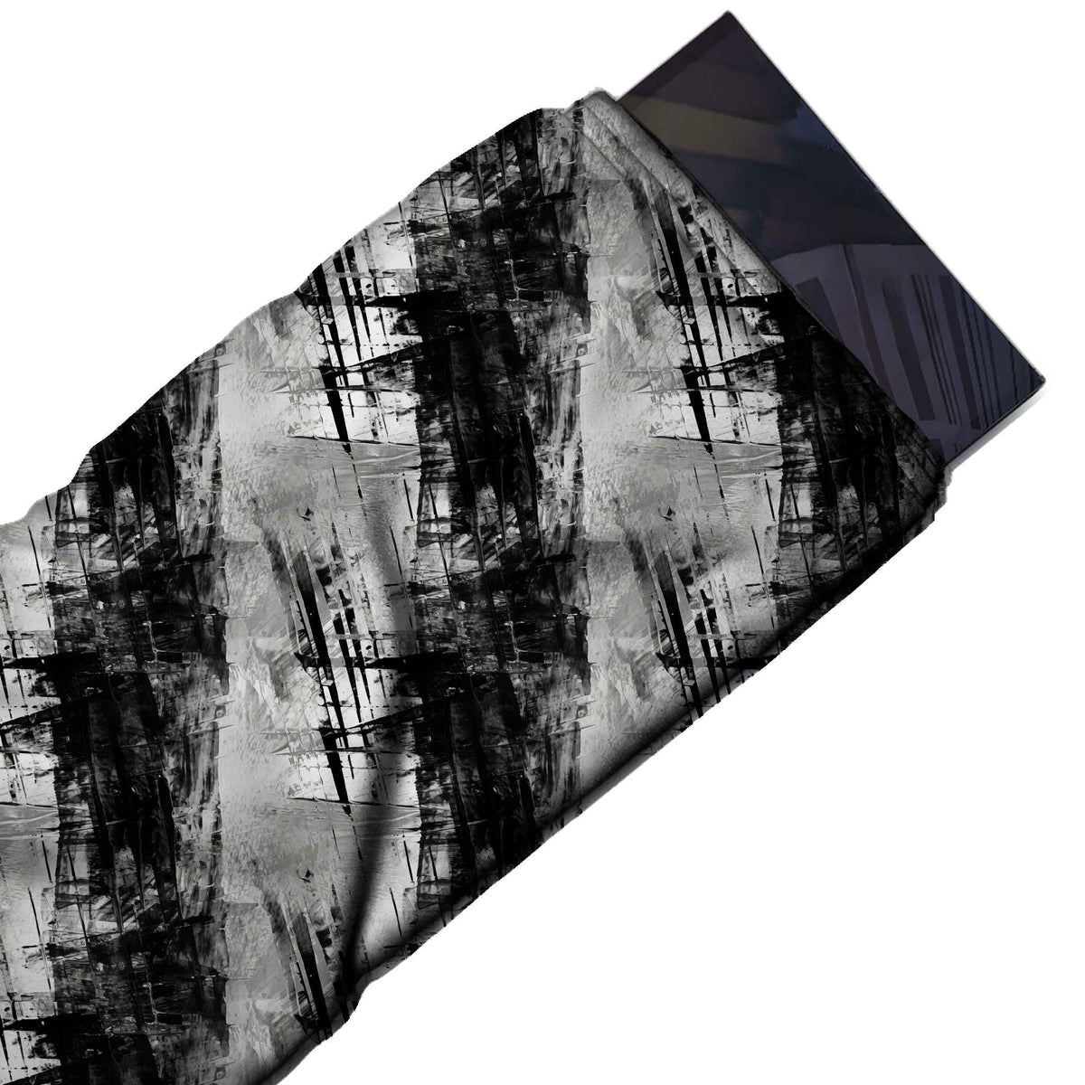 Flat fabric swatch: all-over layout of wide black dry-brush vertical bands alternating, design Design No_4011, Clothwala