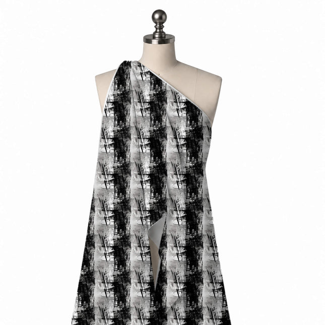 Draped on a mannequin: all-over layout of wide black dry-brush vertical bands alternating, design Design No_4011, Clothwala