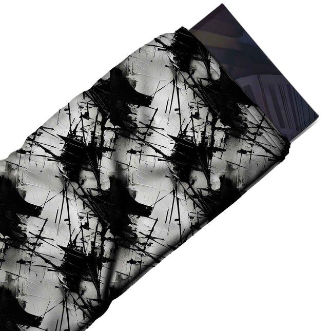 Flat fabric swatch: all-over repeat of large solid black ink blots with thin spiky lines, design Design No_4008, Clothwala