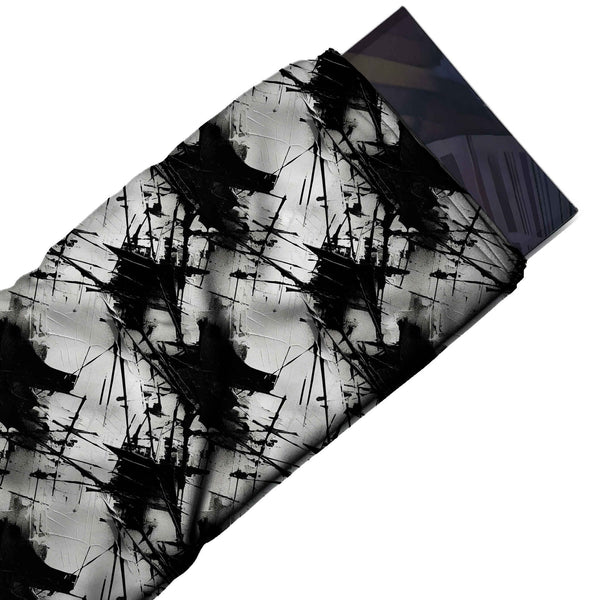Light Grey & Black Spiked Ink Blots Printed Spandex Fabric
