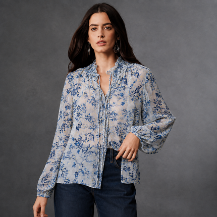 Light Grey & Blue Trailing Floral Branches Print Fabric — design 1294GS-RBPF/DS-448, Clothwala