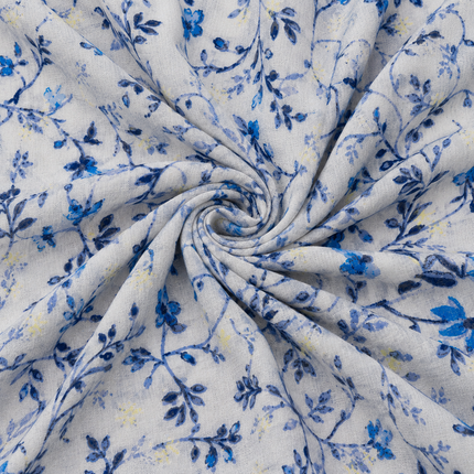 Light Grey & Blue Trailing Floral Branches Print Fabric — design 1294GS-RBPF/DS-448, Clothwala