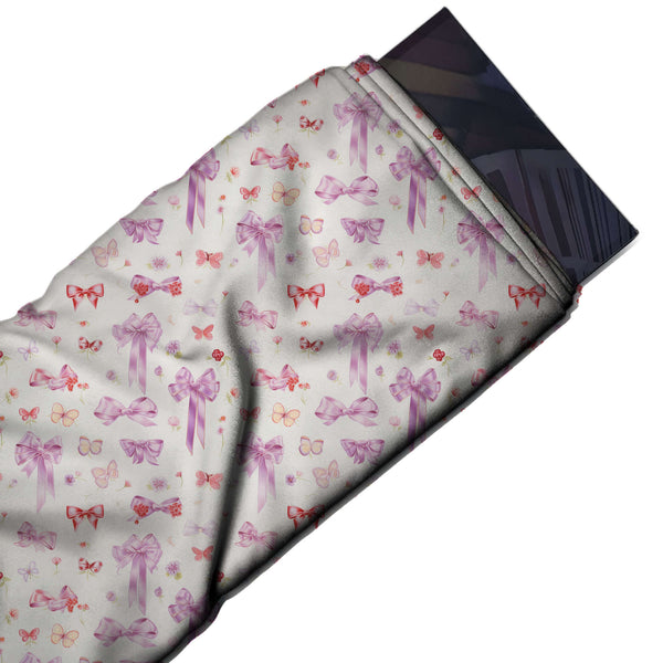 Light Grey & Lilac Bows & Butterflies Printed Pure Natural Crepe Fabric