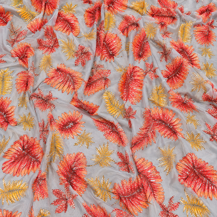 Light Grey & Orange Red Tropical Leaves Print Fabric — design 851CD-SBGP/DS-488, Clothwala
