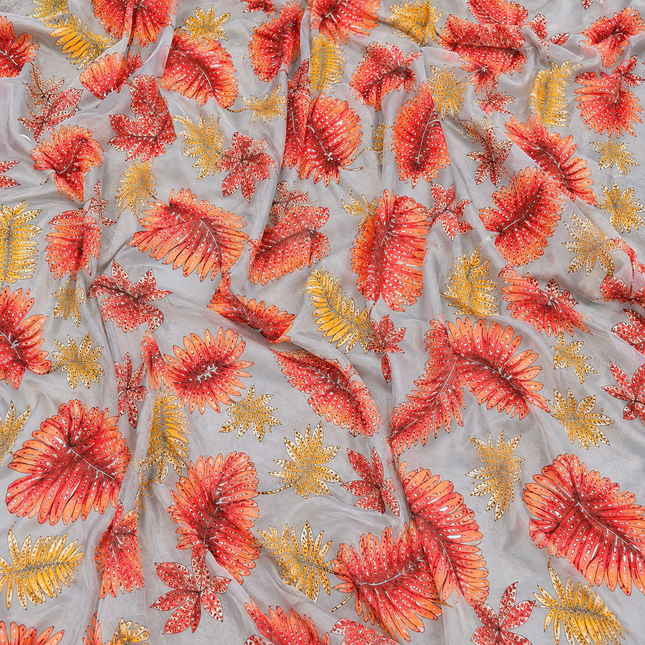 Light Grey & Orange Red Tropical Leaves Print Fabric — design 851CD-SBGP/DS-488, Clothwala