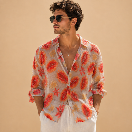 Light Grey & Orange Red Tropical Leaves Print Fabric — design 851CD-SBGP/DS-488, Clothwala