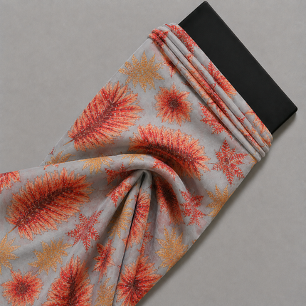 Light Grey & Orange Red Tropical Leaves Print Fabric — design 851CD-SBGP/DS-488, Clothwala