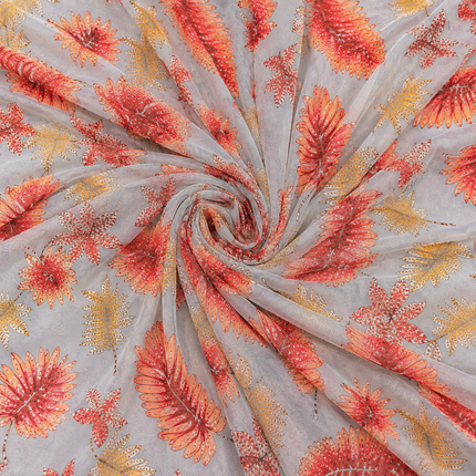 Light Grey & Orange Red Tropical Leaves Print Fabric — design 851CD-SBGP/DS-488, Clothwala