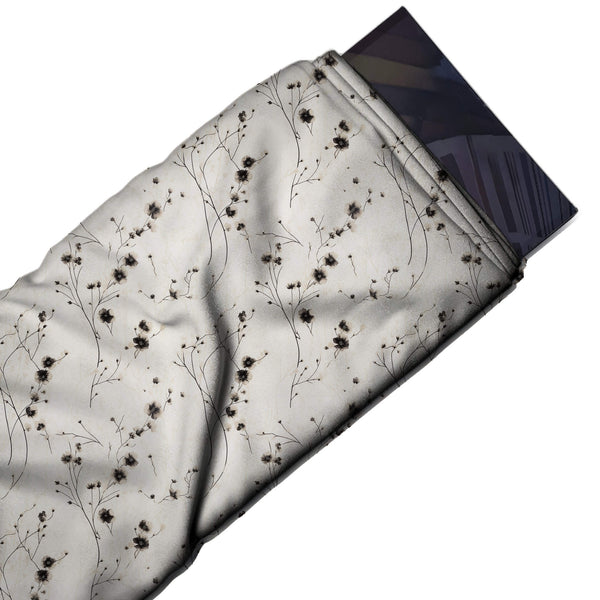 Light Grey White & Charcoal Ink Blossom Twigs Printed French Crepe Fabric