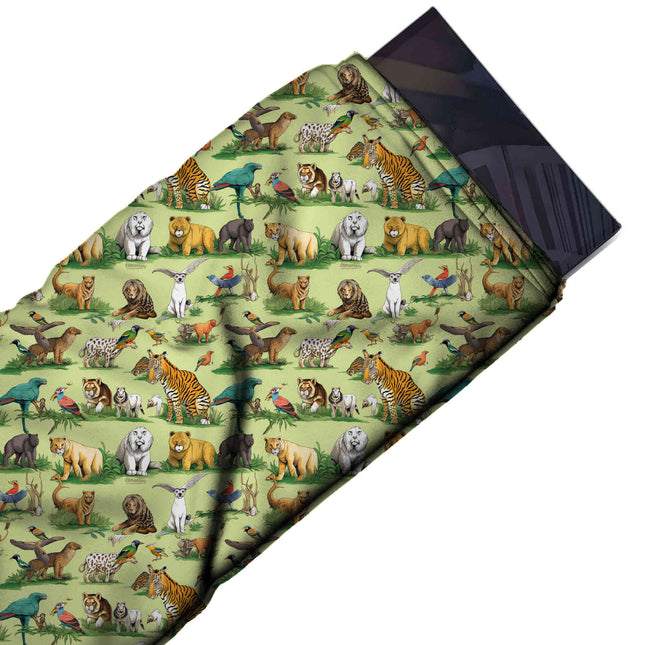 Flat fabric swatch: one-way print of shaded illustrated tigers, brown and white bears, design Design No_3902, Clothwala